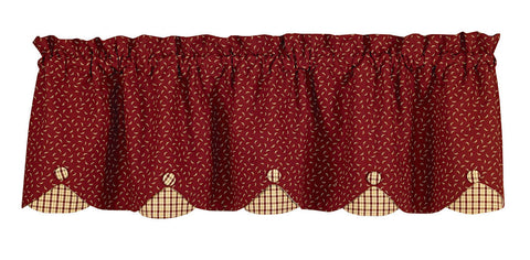 Apple Jack Scalloped Valance creates a soft & pretty profile for your window. Its perfectly unified colors of warm red & butter feature a medium plaid overlaid with a softly scalloped patriotic red ditsy that is accented with fabric covered buttons. Charming window dressing for your country home sweet home!  About this item  Colors: Warm Red & Butter Yellow