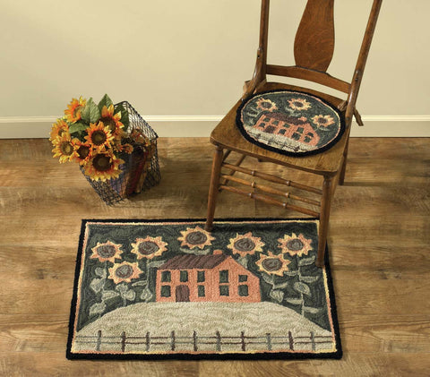 House and Sunflowers Hooked Rug Features the art of Teresa Kogut . Rug hooking is both an art and a craft and has been around for centuries. Spot clean with water and mild detergent. 24" x 36" Primitive Farmhouse Country Decor. See free shipping offer on website. 