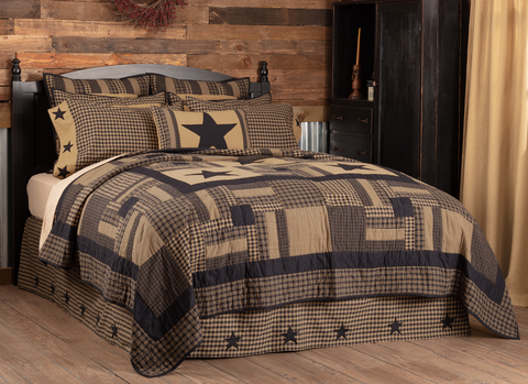 Black Star Check King Quilt 105X95, Primitive Country Farmhouse Bedding