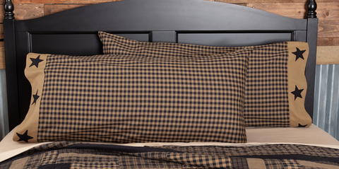  Black Check Star King Pillow Case Set of 2, Primitive Country Farmhouse Bedding