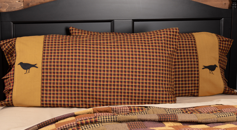Heritage Farms Crow King Pillow Case  Set of 2 21x40 Primitive Check Country Farmhouse Bedding Home Decor & Accessories.
