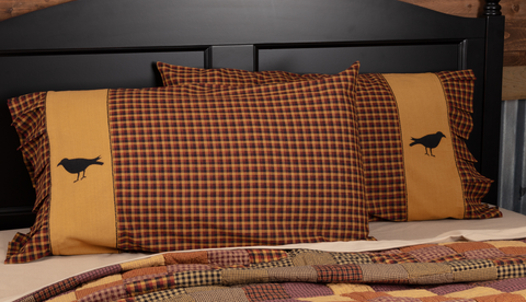 Bring farmhouse country style to your fall bedding with Heritage Farms crow pillow cases. Primitive plaid, ruffled trim, 100% cotton, set of 2.