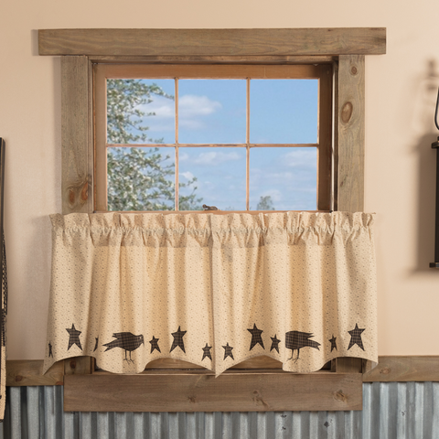 Kettle Grove Applique Crow and Star Tier Set of 2 L24xW36 Farmhouse Primitive Country Window Treatments
