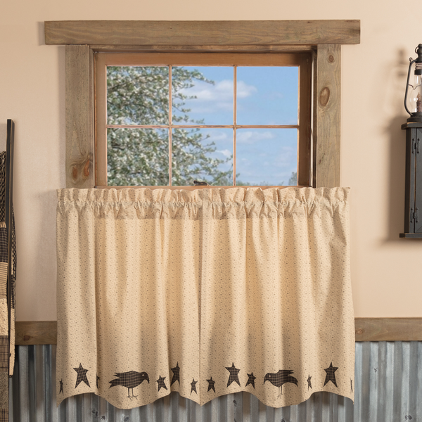 Kettle Grove Applique Crow and Star Tier Set of 2 L36xW36 Primitive Country Farmhouse Window Treatments