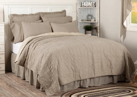 Sawyer Mill Charcoal Ticking Stripe Quilt California King Coverlet 130Wx115L, Featuring vertical channel hand quilting with repeating black ticking stripe woven into dark creme cotton base. Primitive Country Farmhouse Bedding Home Decor.