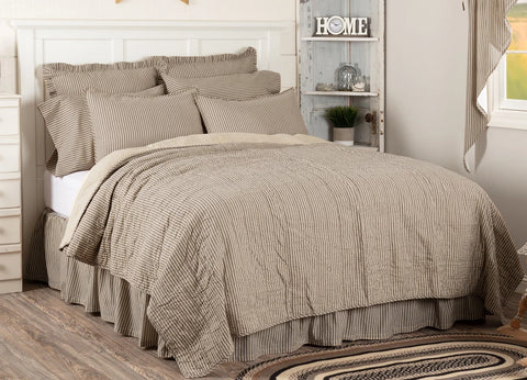 Sawyer Mill Charcoal Ticking Stripe Quilt Luxury King Coverlet 120Wx105L, Featuring vertical channel hand-quilting with repeating black ticking stripe woven into dark creme cotton base - reverses to a solid, lighter creme. Primitive Country Farmhouse Bedding Home Decor.