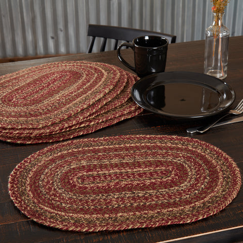 Cider Mill Jute Placemat Set is the perfect addition to dress your table in primitive style offering a casual aesthetic expression of primitive colors in concentric braids of burgundy, natural, black, and olive green. Visit website for FREE s/h & discount offers. Primitive Country Farmhouse Table Decor.