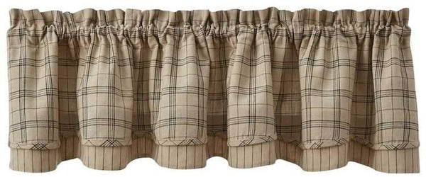 Fieldstone Plaid Lined Layered Valance - Black - Tan Primitive Country Farmhouse Window Treatments Curtains Home Decor