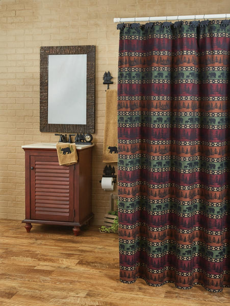 Mountain Bear Shower Curtain  Colors: Autumn Orange, Dark Sage, Wine, Black & Taupe
