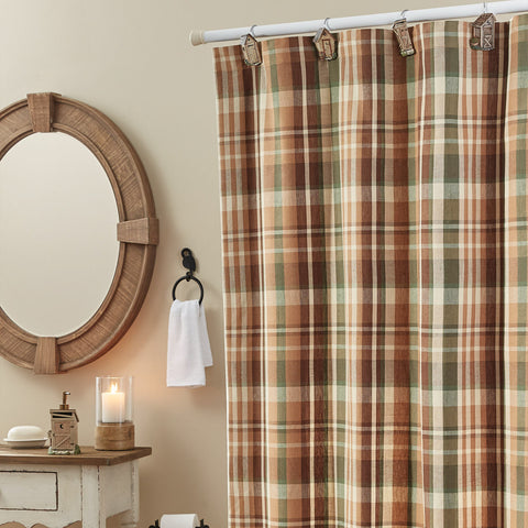 Woodbourne Shower Curtain 72" x 72", featuring stunning shades of orange, green, brown, and tan that combine to create a beautiful plaid! This curtain is sure to add an elegant touch and splash of color to your country decor!