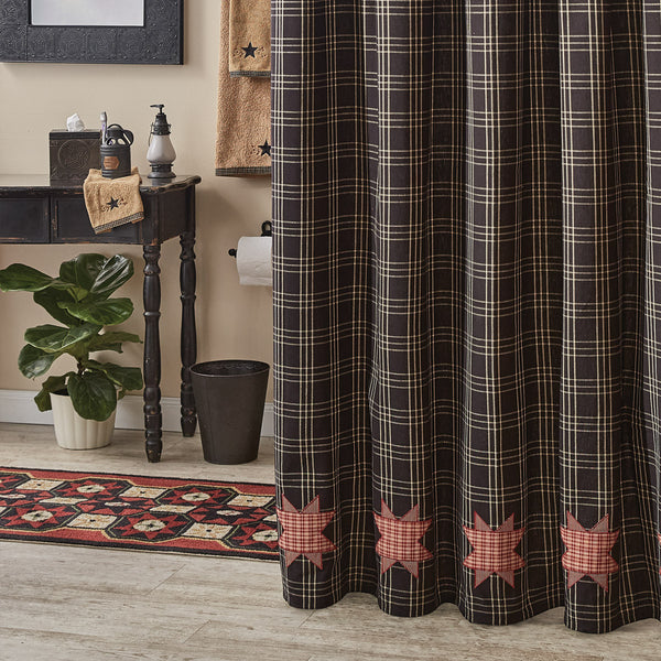 Farmhouse Star Shower Curtain 72" x 72", the black & tan combine to offer a simple, yet elegant, plaid pattern, while the red & tan 8-point stars add character.  Colors: Black & Tan