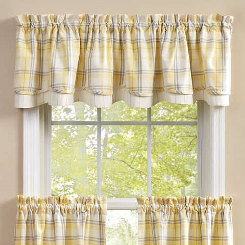 Meadowlark Lined Layered Valance 15" L  Colors: Lemon Yellow, Dove Gray & White