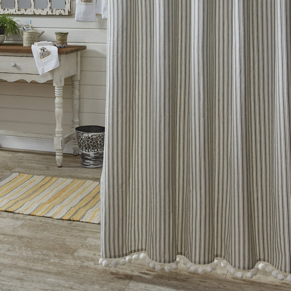 Ticking With Ball Fringe Shower Curtain 72" x 72", will add that classic country look to your bathroom with its charming dove gray and candlelight white striped design! The ball fringe is the perfect finishing touch!
