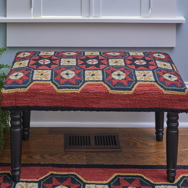 Add a beautiful touch to any room with the Folk Star Hooked Bench! The stunning star pattern is a timeless way to add style to your home decor! Matching hooked rugs, chair pads, pillow, and stool also available.  Measures 16"H X 32"W X 16"DEEP