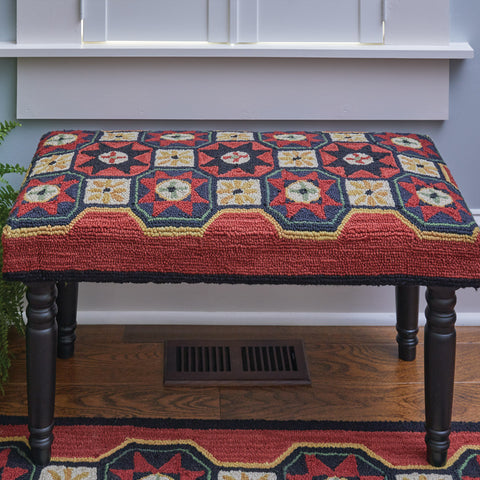 Add a beautiful touch to any room with the Folk Star Hooked Bench! The stunning star pattern is a timeless way to add style to your home decor! Matching hooked rugs, chair pads, pillow, and stool also available.  Measures 16"H X 32"W X 16"DEEP