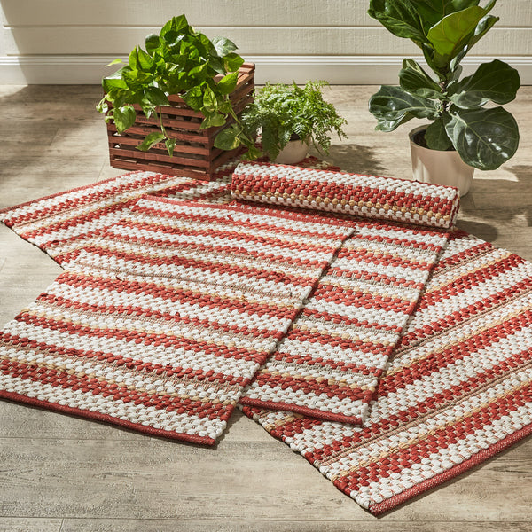 The Kingswood Rag Rugs, are a great way to add color and texture to your floors! The color palette of candlelight white, barn red, putty, and light mustard will create a classic farmhouse look throughout your home!