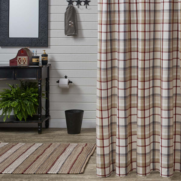 Add rustic charm with the Glenwood Shower Curtain. Classic plaid in red, taupe, and gray tones. 100% cotton, 72x72. Perfect farmhouse bathroom décor.