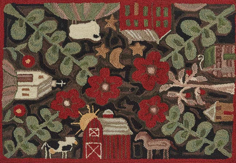 This detailed, whimsical design is nothing short of a work of art! Colorful tones of red, green, brown, tan, black, and candlelight white combined to create this stunning rug! Primitive Farmhouse Country Decor. See free shipping offer on website. 