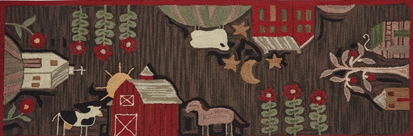 Farm Life Hooked Rug Runner 2' x 6'. This detailed, whimsical design is nothing short of a work of art! Colorful tones of red, green, brown, tan, black, and candlelight white combined to create this stunning rug! Primitive Farmhouse Country Decor. See free shipping offer on website.
