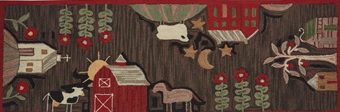 Farm Life Hooked Rug Runner 2' x 6'. This detailed, whimsical design is nothing short of a work of art! Colorful tones of red, green, brown, tan, black, and candlelight white combined to create this stunning rug! Primitive Farmhouse Country Decor. See free shipping offer on website.