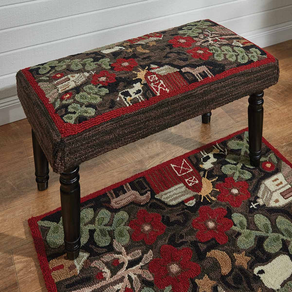 This detailed, whimsical design is nothing short of a work of art! Colorful tones of red, green, brown, tan, black, and candlelight white combined to create this stunning bench! Primitive Farmhouse Country Decor. See free shipping offer on website. 