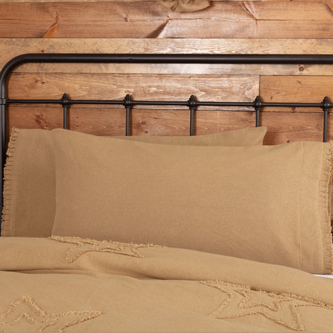 Burlap Natural King Pillow Case w/ Fringed Ruffle Set of 2 21x40  features a dyed poly lining to keep the fill from showing through the open weave. Primitive Country Farmhouse Bedding Home Decor.