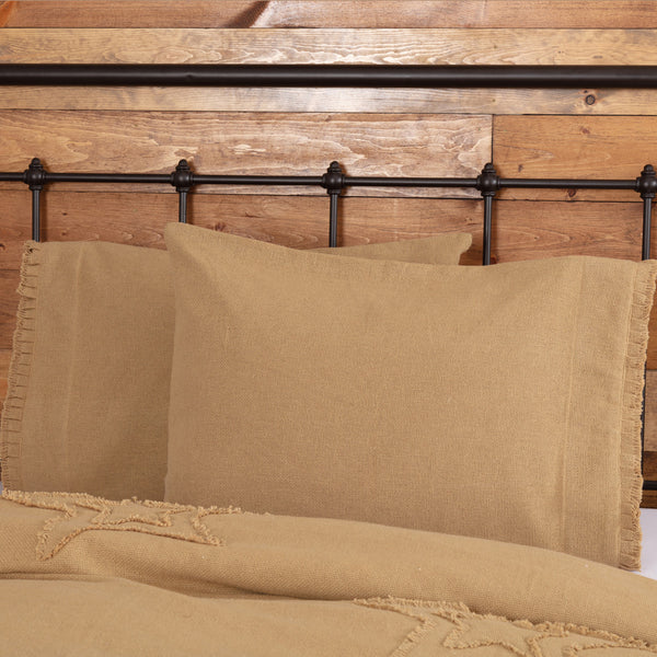 Natural burlap 21x30 pillowcases set of 2 with fringed ruffle on farmhouse bed