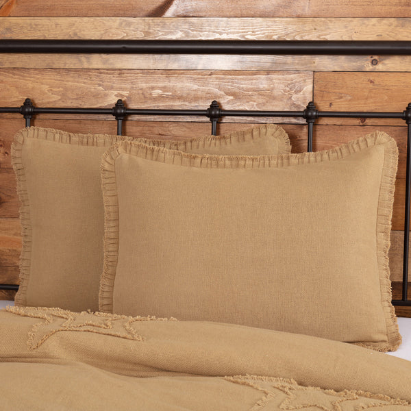 Burlap Natural Standard Sham w/ Fringed Ruffle 21x27, Made from soft cotton natural burlap with pleated and fringed ruffle. Primitive Country Farmhouse Bedding Home Decor.