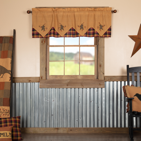 Heritage Farms Primitive Star and Pip Valance Layered 20x60, Mustard, Deep Burgundy, Raven Black, Primitive Country Farmhouse Primitive Check Window Treatments Curtains