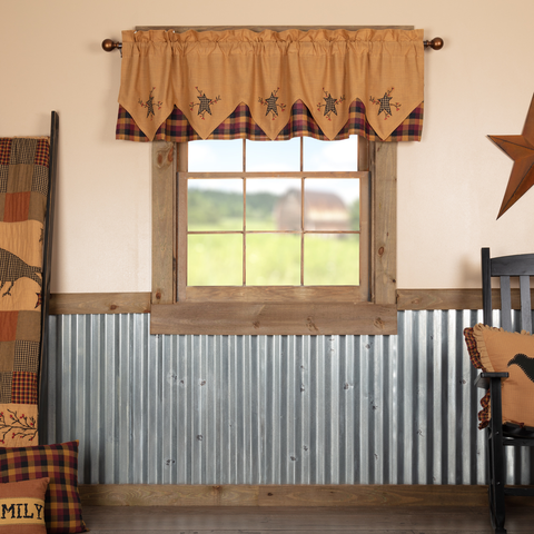 Heritage Farms Primitive Star and Pip Valance Layered 20x72, mustard plaid base fabric accented with applique primitive stars and embroidered twig and pip berry vines, Primitive Country Farmhouse Window Treatments Curtains Home Decor
