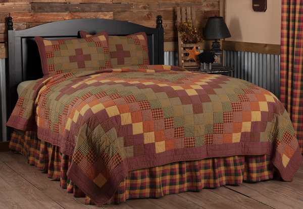 Heritage Farms Queen Quilt Set; 1 Quilt  and 2 Shams, cascading blocks of various colors of burgundy, mustard, and black plaid and check fabrics, Primitive Country Farmhouse Quilted Bedding Home Decor.