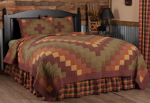 Heritage Farms Queen Quilt Set; 1 Quilt  and 2 Shams, cascading blocks of various colors of burgundy, mustard, and black plaid and check fabrics, Primitive Country Farmhouse Quilted Bedding Home Decor.