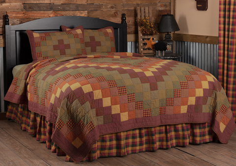 Heritage Farms Twin Quilt Set; 1 Quilt and 1 Sham, cascading blocks of various colors of burgundy, mustard, and black plaid and check fabric, Primitive Country Farmhouse Quilted Bedding Home Decor