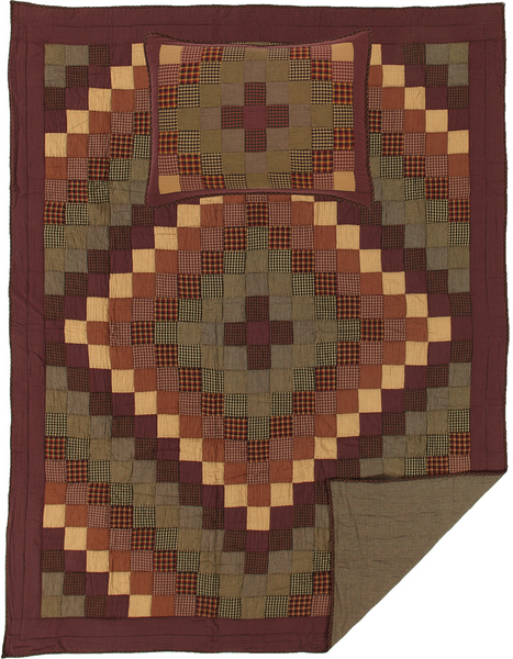 Heritage Farms Twin Quilt Set; 1 Quilt and 1 Sham, cascading blocks of various colors of burgundy, mustard, and black plaid and check fabric, Primitive Country Farmhouse Quilted Bedding Home Decor