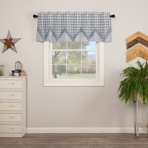 Sawyer Mill Blue Valance Layered 20x72,  blue and white plaid with ticking stripes separated by a check pattern pointed edge with buttons, Primitive Country farmhouse Window Treatments Curtains Home Decor.