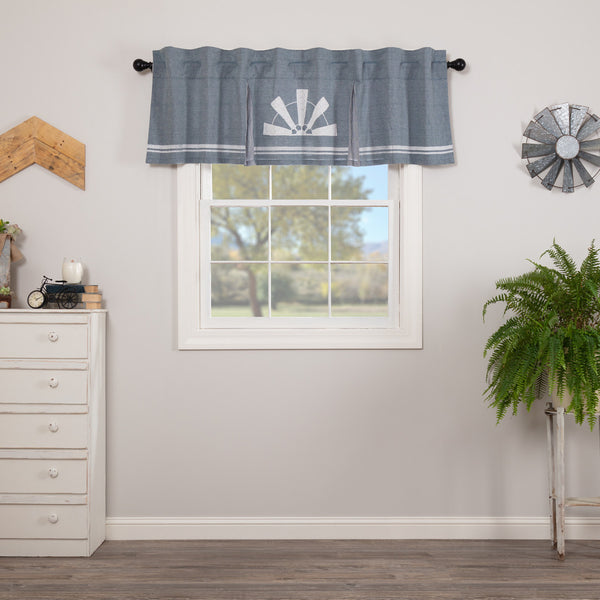Sawyer Mill Blue Windmill Valance Pleated 20x72, vintage blue background showcasing a soft white windmill. Primitive Country Farmhouse Window Treatments Curtains Home Decor.