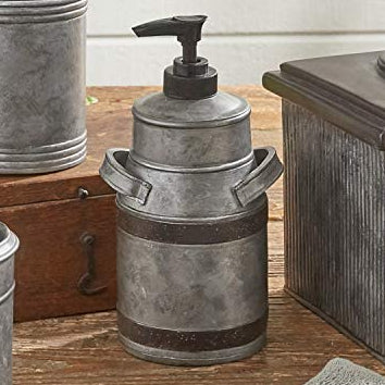 Antique farmhouse milk pitcher soap and lotion dispenser with distressed galvanized finish and black pump