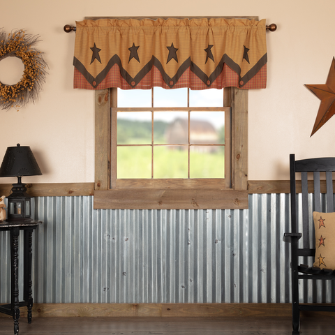 Stratton Primitive Star Valance Layered 20x72, Dark Khaki, Red-Orange, Country Black, Farmhouse Window Treatments Curtains Home Decor.