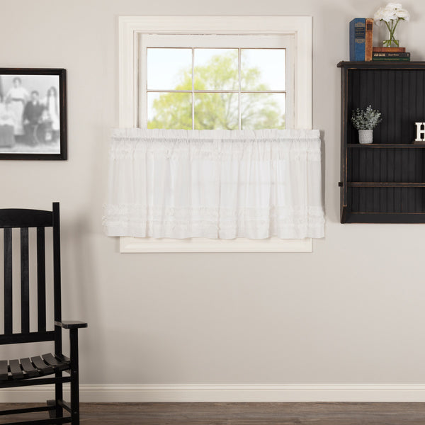 White Ruffled Sheer Petticoat Tier Set of 2 L24xW36, Featuring white sheer cambric with ruched ruffle. Primitive Country Farmhouse Window Treatments Curtains Home Decor.