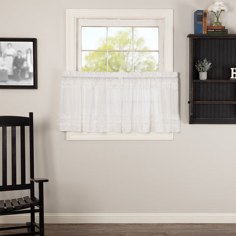 White Ruffled Sheer Petticoat Tier Set of 2 L24xW36, Featuring white sheer cambric with ruched ruffle. Primitive Country Farmhouse Window Treatments Curtains Home Decor.