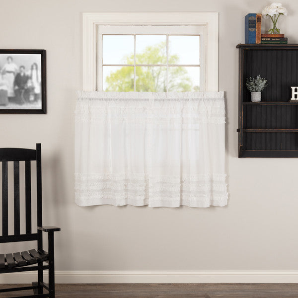 White Ruffled Sheer Petticoat Tier Set of 2 L36xW36, Featuring white sheer cambric with ruched ruffle. Primitive Country Farmhouse Window Treatments Curtains Home Decor.