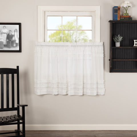 White Ruffled Sheer Petticoat Tier Set of 2 L36xW36, Featuring white sheer cambric with ruched ruffle. Primitive Country Farmhouse Window Treatments Curtains Home Decor.