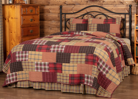 Wyatt California King Quilt Set including 1 Quilt 130Wx115L and 2 Shams 21x37. This rustic quilt and sham set beautifully displays crimson, khaki, and dark brown plaid and stripes. Primitive Country Farmhouse Lodge Quilted Bedding Home Decor.