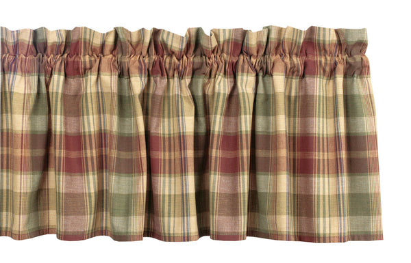 Add warmth to your home with the Saffron Plaid Valance. Shades of red, sage, blue & butter in a 72x14 design bring timeless country farmhouse charm to any room.