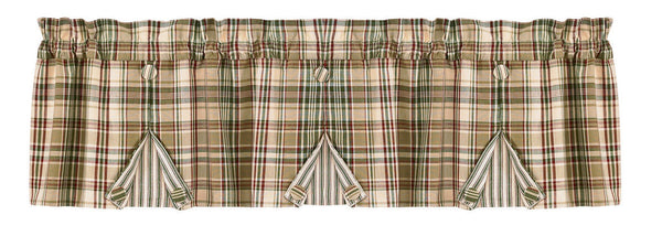 Add a fun twist to your window decor with this pretty Thyme Button Pleated Valance! The light, airy plaid fabric oozes ambiance with its soft, warm tones of green, tans & red that blend so well together! For added interest, the bottom opens up to reveal a sand/green vertical striped fabric that is held open with coordinating buttons! This one delivers plenty of country charm on its own, or pair with coordinating tiers for a more striking appeal!