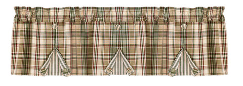 Add a fun twist to your window decor with this pretty Thyme Button Pleated Valance! The light, airy plaid fabric oozes ambiance with its soft, warm tones of green, tans & red that blend so well together! For added interest, the bottom opens up to reveal a sand/green vertical striped fabric that is held open with coordinating buttons! This one delivers plenty of country charm on its own, or pair with coordinating tiers for a more striking appeal!