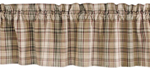 "Thyme" for a change in your country decor? Spice up your windows with this lovely Thyme Valance! The pretty plaid oozes ambiance with its soft, warm tones of green, tan & red! Comes unlined so soft, filtered light can permeate the beautiful pattern! So country charming on its own, or pair with coordinating tiers for a more striking appeal! 