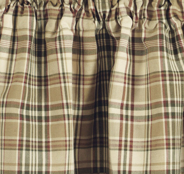 "Thyme" for a change in your country decor? Spice up your windows with these lovely Thyme Tiers! The pretty plaid oozes ambiance with its soft, warm tones of green, tan & red! Comes unlined so soft, filtered light can permeate the beautiful pattern! So country charming on its own, or pair with a coordinating valance (sold separately) for a more dramatic appeal! 