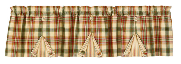 Add a little spice to your life with this stunning Lemon Pepper Pleated Valance! The stylish, homey plaid is enhanced by the vertical striped fabric pleat that opens on the bottom, and is held in place by coordinating buttons! Savory sweetness throughout your home!  Colors: Thyme Green, Light Mustard, Patriotic Red, Honey & Cream