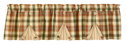 Add a little spice to your life with this stunning Lemon Pepper Pleated Valance! The stylish, homey plaid is enhanced by the vertical striped fabric pleat that opens on the bottom, and is held in place by coordinating buttons! Savory sweetness throughout your home!  Colors: Thyme Green, Light Mustard, Patriotic Red, Honey & Cream